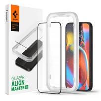 Apsauginis stiklas juodais krašteliais "SPIGEN ALM GLASS FC” su montavymo rėmeliu telefonui iPhone 13 / 13 PRO / 14 / 16E / 17E