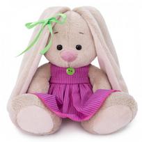 Pliušinis žaislas Zuikutė Baby rožine dryžuota suknele 15cm, SidX-318, Budibasa