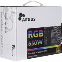 INTER-TECH Argus RGB Power Supply, 80PLUS Gold Certified, 650W, Retail Packaging, 1x 140mm Fan, with 1x 20+4Pin, 4+4Pin, 2x PCI-e 6+2Pin, 3x 4Pin (Molex), 6x SATA, and 1x FDD Connectors, featuring Cab