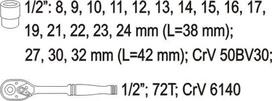 Įrankių rinkinys 19 vnt, 1/2" CrV Yato | galvutės 8-32mm, L-38-42mm terkšlė 72T, L-255mm