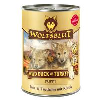 WOLFSBLUT Wild Duck&Turkey Puppy konservai šuniukams su antiena, kalakutiena ir moliūgu, 395 g