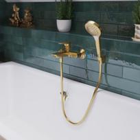 Aukso spalvos Hansgrohe Talis E vonios maišytuvas su dušo komplektu