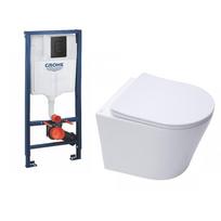 Potinkinis Grohe 3in1 rėmas 38811KF0 su Phantom Black spalvos mygtuku ir klozetu SAT Infinitio Compact Rimless