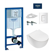 Grohe Rapid SL klozeto rėmo komplektas su baltu klavišu ir pakabinamas klozetas Deante Peonia Rimless