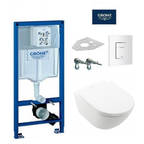 Grohe Rapid SL klozeto rėmo komplektas su baltu klavišu ir Villeroy & Boch Subway 3.0 TwistFlush pakabinamas wc su lėtaeigiu dangčiu