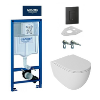 Grohe potinkinis wc rėmas su Phantom Black spalvos mygtuku ir Pakabinamas klozetas INFINITY Rimless su lėtaeigiu dangčiu