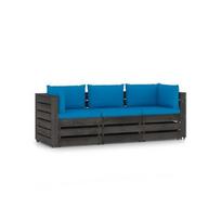 Trivietė sodo sofa su pagalvėlėmis, pilkai impregnuota mediena