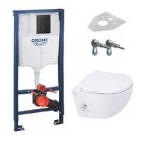 Grohe potinkinis wc rėmas su Phantom Black spalvos mygtuku ir pakabinamas klozetas SAT Infinitio Rimless su bide funkcija ir lėtaeigiu dangčiu