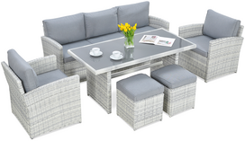 Lauko baldų komplektas BORNEO + su pufais, White Grey