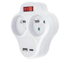 Solight P99USBC- Kištukinio lizdo skirstytuvas su USB A+C charger ir jungiklis 2x10A balta