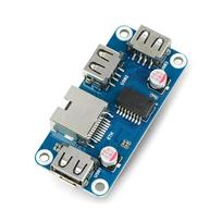 Ethernet/USB (B) HUB - 3xUSB 1xRJ45 Ethernet - priekinės dalies priedėlis, skirtas Raspberry Pi - Waveshare 20416