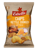 Bulvių traškučiai ESTRELLA KETTLE čederio ir raudonųjų svogūnų skonio, 120g