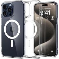 Itin tvirtas skaidrus dėklas su baltomis detalėmis "Spigen Ultra Hybrid Mag Magsafe" telefonui iPhone 15 Pro Max