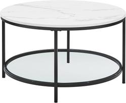Apvalus kavos staliukas su marmuro imitacijos stalviršiumi ir apatine stiklo lentynėle 80cm skersmens