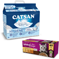 Whiskas Adult 40x85 g paukštienos skanėstai šlapias kačių maistas želė + Catsan Hygiene Plus 5 l nesulipantis bentonito kraikas