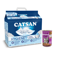 Whiskas Adult 24x400g antienos šlapias kačių maistas + Catsan Hygiene Plus 5 l nesulipantis bentonito kraikas