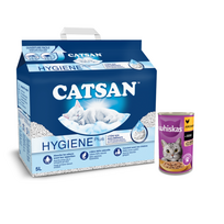 Whiskas Adult 24x400g vištiena padaže Šlapias kačių ėdalas + Catsan Hygiene Plus 5L nesulipantis bentonito kraikas
