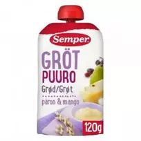 Paruošta vartoti ryžių ir avižų košė su kriaušėmis, mango, vynuogių ir obuolių sultimis, (nuo 6 mėn.) SEMPER, 120 g