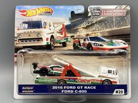 IŠPAKUOTAS!!!    Hot Wheels Premium Team Transport Modeliukas 2016 Ford GT Race *Castrol* on a Ford C-800 Truck, white/red/green (yra Sandėlyje)
