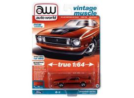 PRE-ORD3R Auto World Modeliukas 1973 Ford Mustang Mach 1, medium copper poly with flat black hood Treatment & Side Stripes