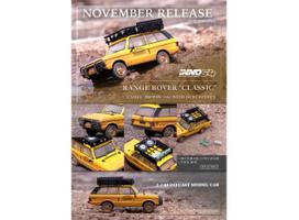 Inno64 Modeliukas 1982 Range Rover *Camel Trophy* with 1 Tool Box & 4 Fuel Tanks on the Rood Rack included, camel yellow with after race dirt effects