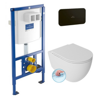 Villeroy & Boch Viconnect WC potinkinis rėmas su juodos spalvos klavišu ir pakabinamas klozetas ISVEA INFINITY Rimless su lėtaeigiu dangčiu