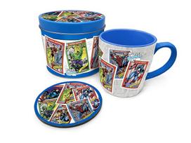 Marvel - Kolekcionierių kortelės, puodelis ir padėkliukai skardinėje dėžutėje