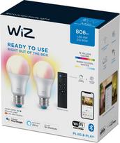 WiZ smart lamp, E27, RGBW – all colors and shades of white light, Wi-Fi, 806 lm, 2-pack with remote control (929003649601)