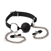 Rimba Latex Play Mouthgag with Ball and Nipple Clamps Black