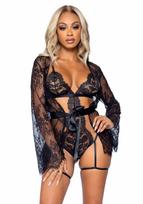 Leg Avenue Teddy, Lace Robe & Ribbon Tie Black L