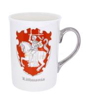Porcelianinis puodelis Lietuva, Vytis, sidabrine rankena, 300 ml, supakuotas baltoje dėžutėje.