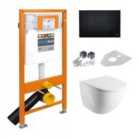 Potinkinis wc rėmas WERIT JOMO su juodu matiniu mygtuku ir pakabinamas klozetas Omnires Ottawa Rimless klozetas su plonu lėtaeigiu dangčiu