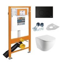 Potinkinis wc rėmas WERIT JOMO su juodu matiniu SWITCH mygtuku ir pakabinamas klozetas Omnires Ottawa Rimless klozetas su plonu lėtaeigiu dangčiu