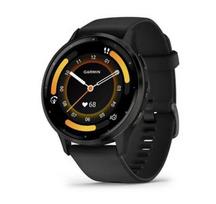 Garmin Venu 3 skalūno spalvos nerūdijančiojo plieno apvadas su juodu korpusu ir silikoniniu dirželiu