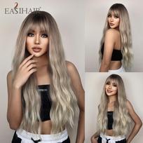 Ilgo kūno banguoti sintetiniai perukai Platinum Blonde Ombre plaukų perukai moterims su kirpčiukais Cosplay Perukai Atsparūs karščiui