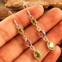 Peridotas, ametistas, rankų darbo kabantys auskarai, 100 % 925 sterlingų sidabras, rugpjūčio vasario mėn., gimimo akmenų papuošalai žalia