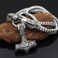Vintažinės aukštos kokybės 316L nerūdijančio plieno Vikingo vilko galvutė su Thor Hammer Mjolnir Scandinavian Bear Claw Wolf pakabukas karoliai sidabras