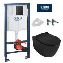 Grohe 3in1 potinkinio rėmo komplektas 38811KF0 su Phantom Black spalvos mygtuku ir juodas matinis pakabinamas wc Sentimenti Rimless su slim lėtaeigiu dangčiu