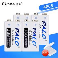 PALO 4PCS 9V įkraunama baterija 650mAh USB mikro USB baterijos, skirtos RC malūnsparnio modelio mikrofono baterijai balta