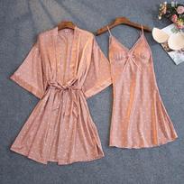 Satin Sexy Moteriškas chalato rinkinys Pink Dot Print Su Pižamos Pižama ant krūtinės XL rožinė