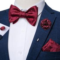 Klasikinio raudono Paisley modelio austo, savaime surišto peteliškės kišenė kvadratinė ir rankogalių sąsagos Boutonniere dovanų rinkinys vyrams LH-3012