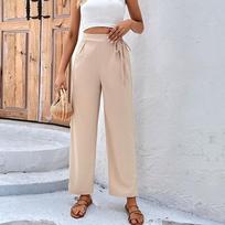 Moteriškos elegantiškos abrikosų laisvos tiesios kelnės pavasario biuro moteriškos solidžios kelnės aukštu juosmeniu iki kulkšnies suvarstomos Pantaloni Donna 25622 S abrikosas