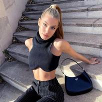 Y2k juoda mezgimo turtleneck Crop Top Moterų Sexy Nereguliarus Skinny Elastic Top Top mados Klubo Top Streetwear L juoda
