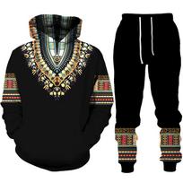 Afrikietiškas „Dashiki“ gobtuvas / kostiumas, laisvalaikio vyriškas 3D spausdinimas, etninio stiliaus megztinių kelnių rinkinys Vyriškas / moteriškas, liaudiškai pritaikytas gatvės aprangos sportinis kostiumas S