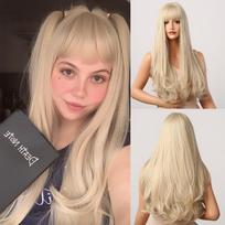 Ilgi natūralūs banguoti platininiai blondiniai perukai su kirpčiukais Cosplay Party Lolita sintetiniai perukai moterims, karščiui atsparaus pluošto