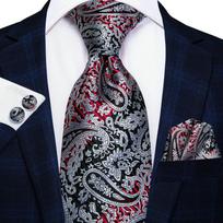 Hi-Tie vyriškas šilkinis kaklaraištis Paisley kaklaraištis rankogalių sąsagų rinkinys vakarėlių vestuvių verslui N-0359 juoda/pilka spalva