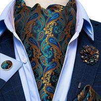 Vyriškas Paisley Cravat Teal Green Gold Ascot kaklaraištis Šilkinis rankogalių segtukas Boutonniere rinkinys, vestuvių dovana vakarėliui AS-2025