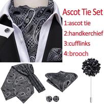 Hi-Tie Ascot kaklaraiščiai vyrams juoda balta Paisley kaklaraištis nosinaitė rankogalių segė AS-1009