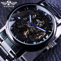 Nugalėtojas Naujas geriausias vyriškas laikrodis juodas skeletas plieno juostos vyriškas automatinis mechaninis laikrodis vyriškas mėlynas adatinis automatinis mechaninis laikrodis juoda