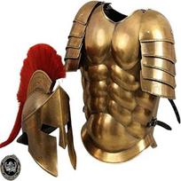 Žalvarinis viduramžių raumenų šarvų kostiumas Spartan šalmas, rudas senovinis